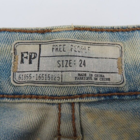 Free People Womens 24 Blue Bleached Dotted Swirl Flare Denim Jeans Pants Pockets - Picture 9 of 13